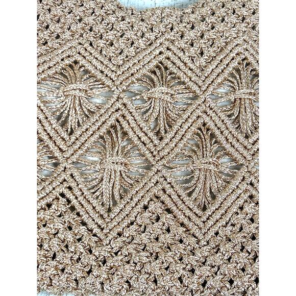 Lulus Women’s Sunny Glitter Gold Woven Crochet Linen Shoulder Tote Bag Zip NEW - Picture 4 of 8